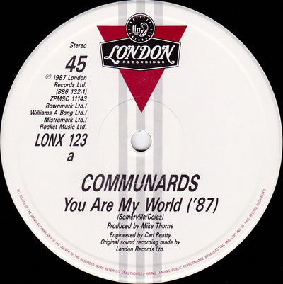 The Communards – You Are My World (12", Single, 45 RPM) UK pressing