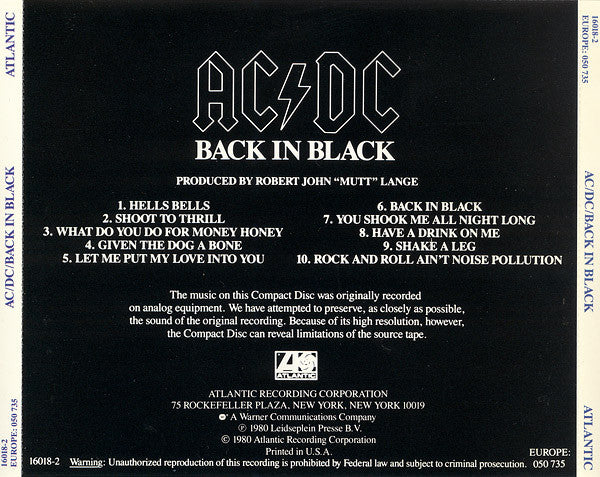 AC/DC ‎– Back In Black (CD ALBUM) Reissue