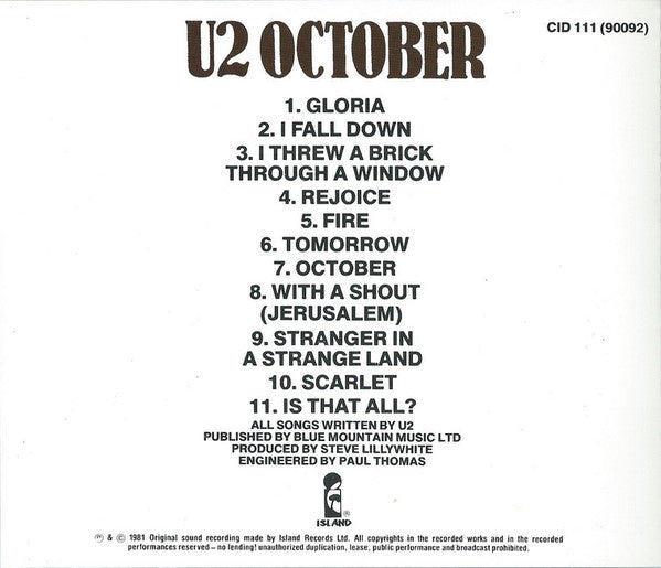 U2 – October (CD ALBUM)